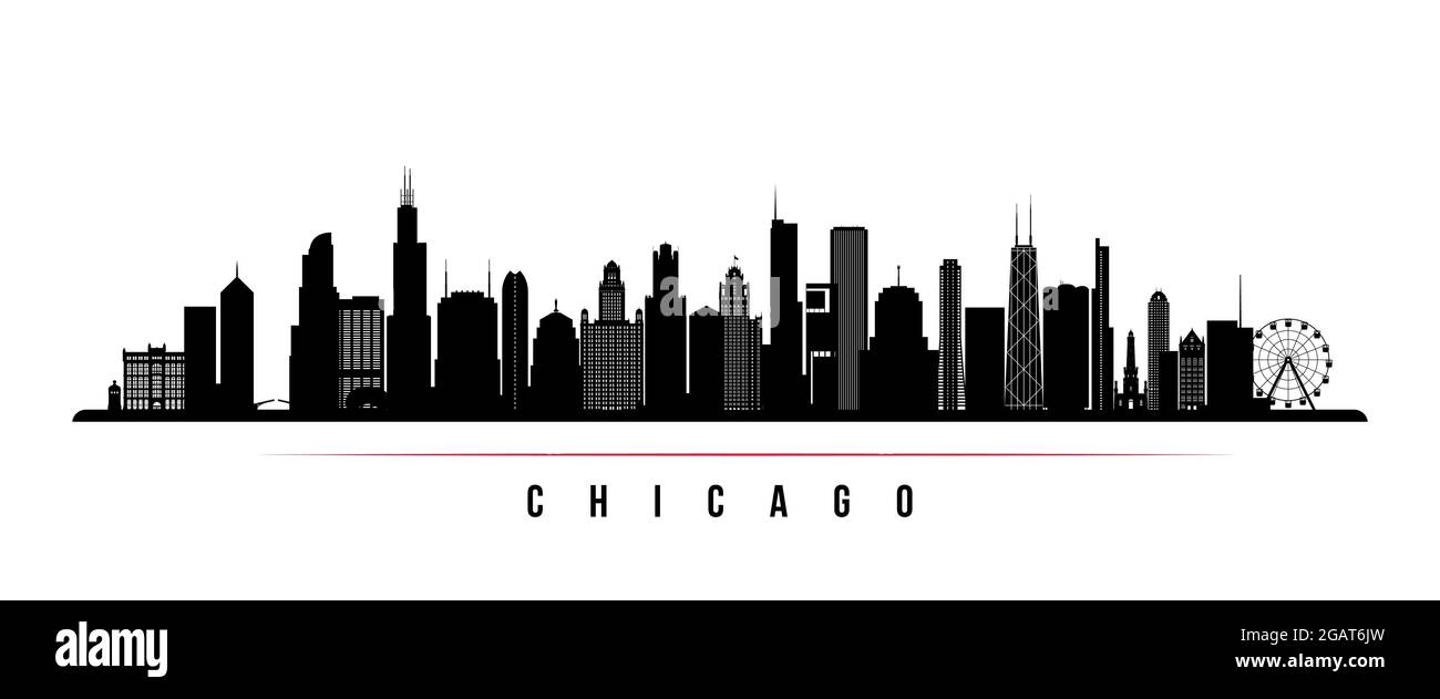 Chicago city skyline horizontal banner. Black and white silhouette of Chicago city, USA. Vector template for your design. Stock Vector