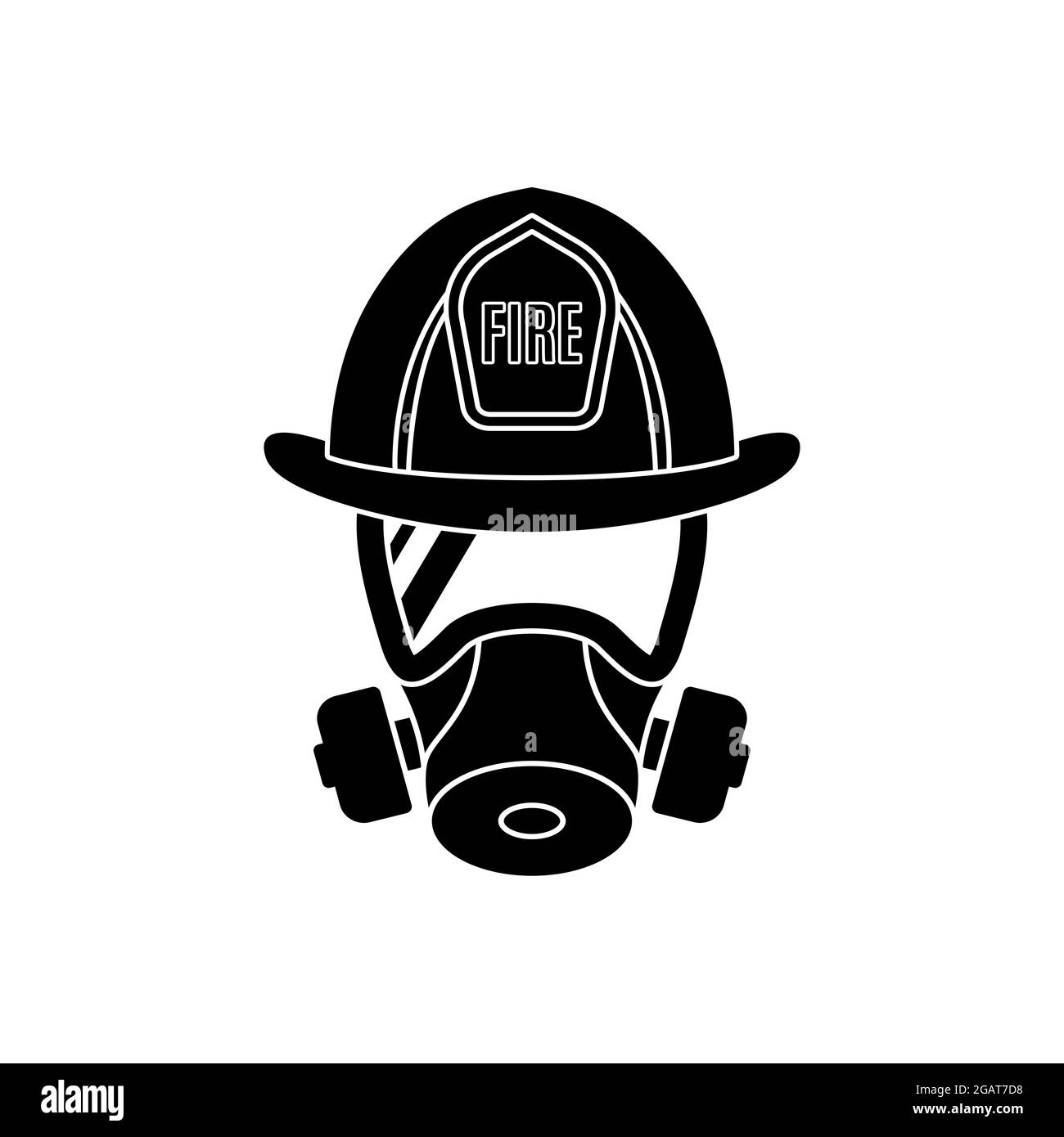 Firefighter wearing protective gas mask and helmet. Men icon isolated on white background. Fire Department emblem. Vector illustration. Stock Vector
