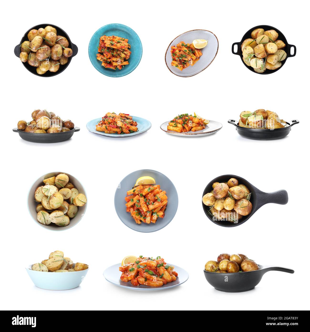 Different potato dishes on white background Stock Photo - Alamy