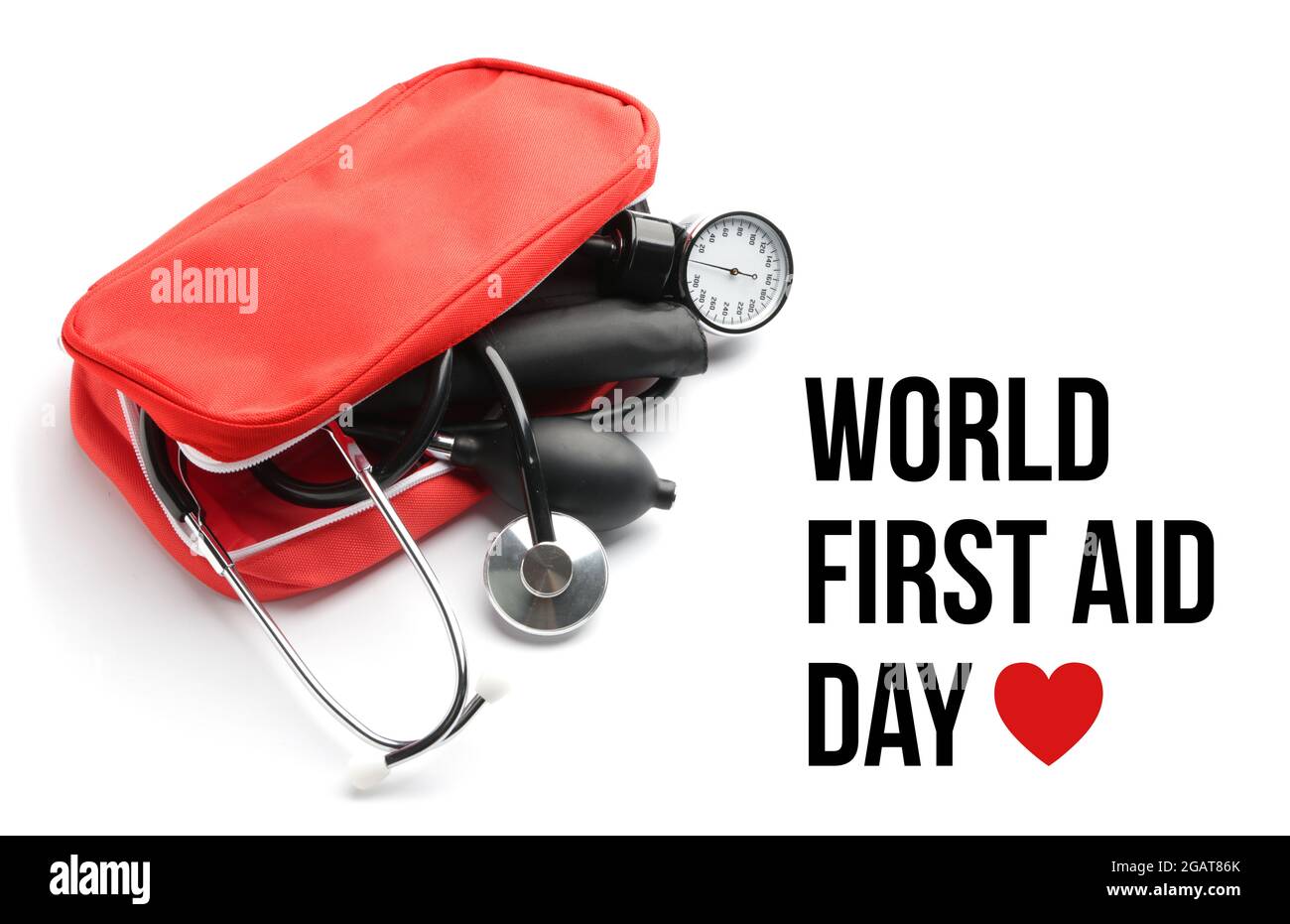 Bag with sphygmomanometer and stethoscope on white background. World First Aid Day Stock Photo