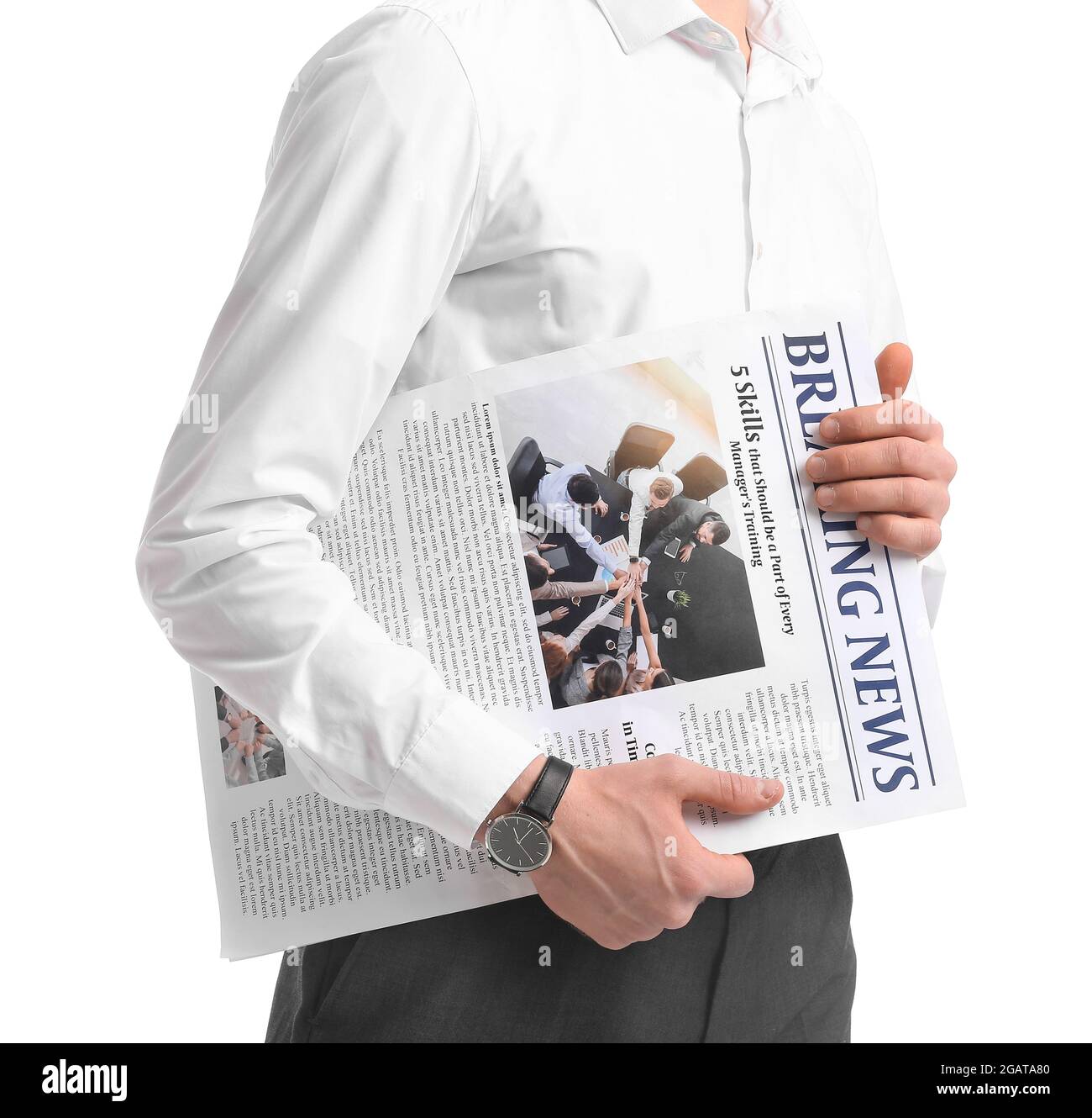 Young businessman with newspaper on white background Stock Photo