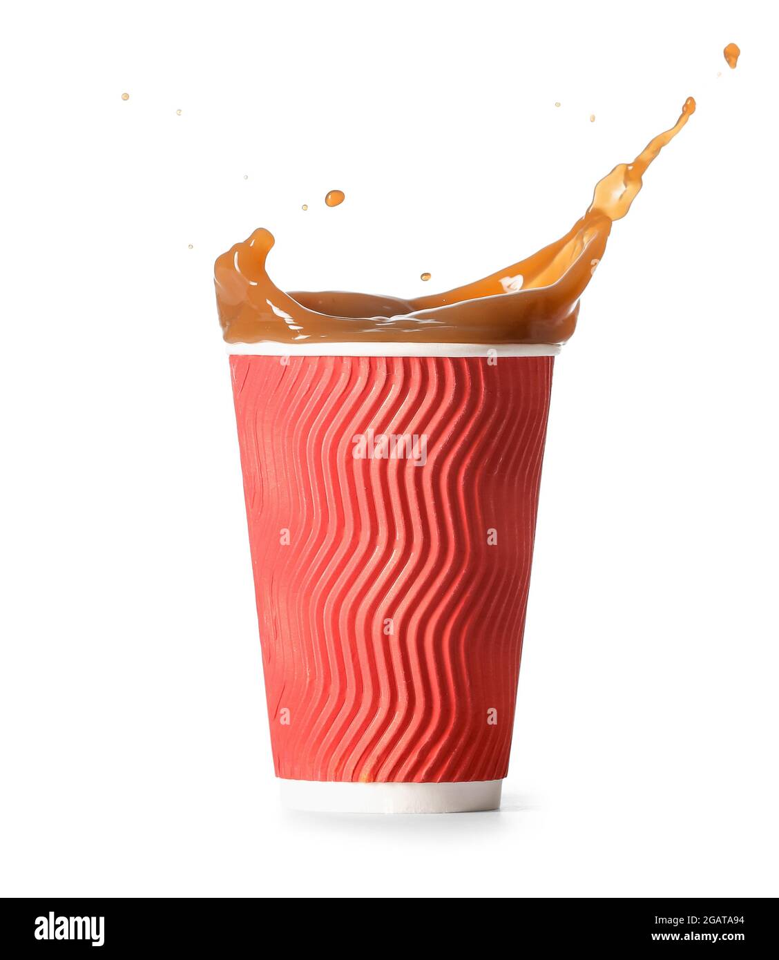 Cup with coffee splash on white background Stock Photo