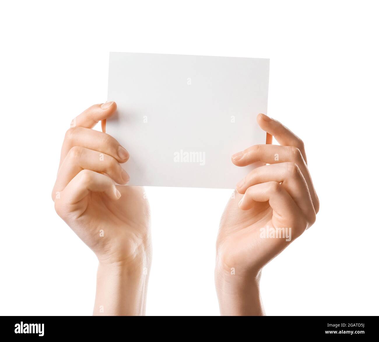 Woman holding blank sheet of paper on white background Stock Photo - Alamy