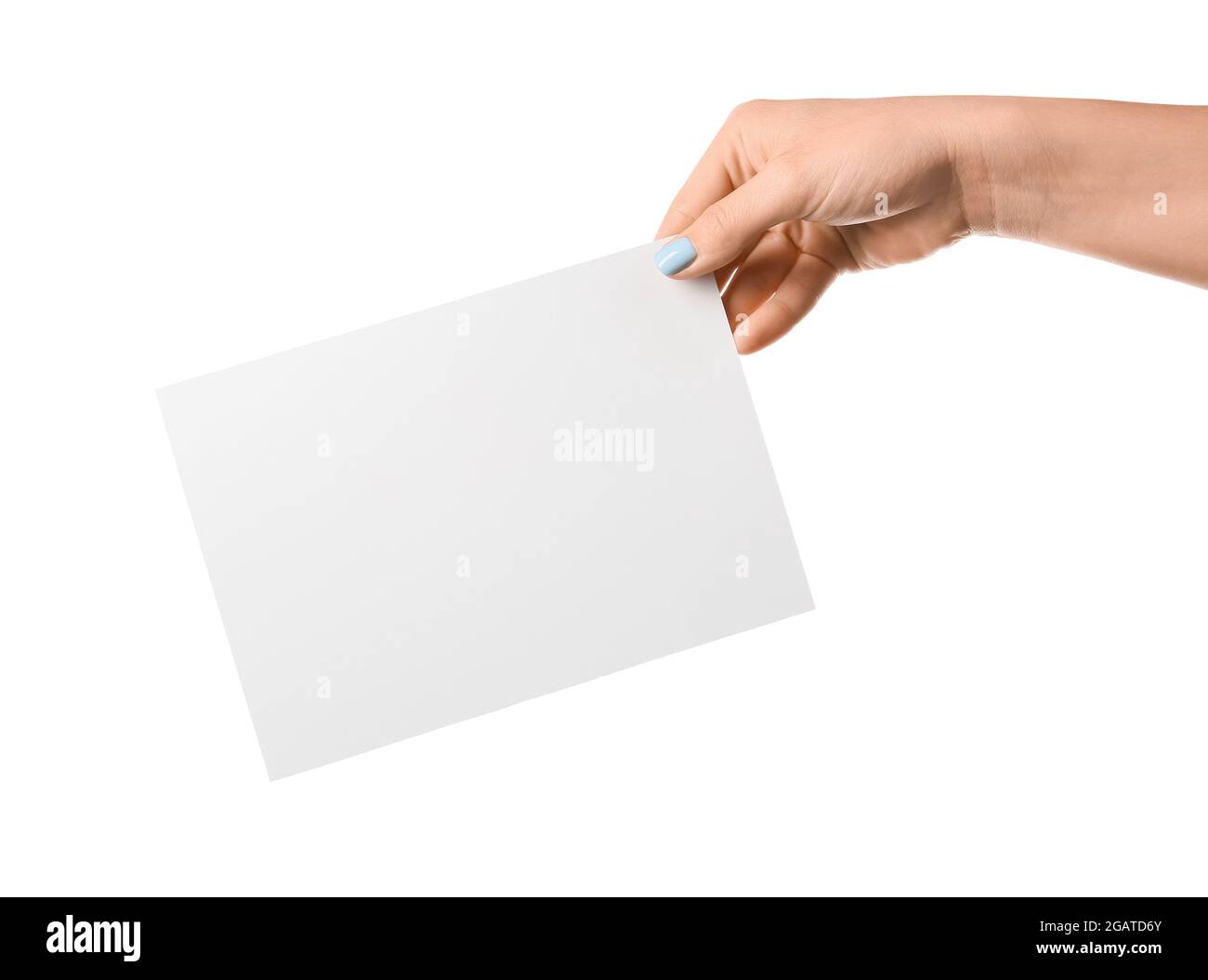 Woman holding blank sheet of paper on white background Stock Photo - Alamy