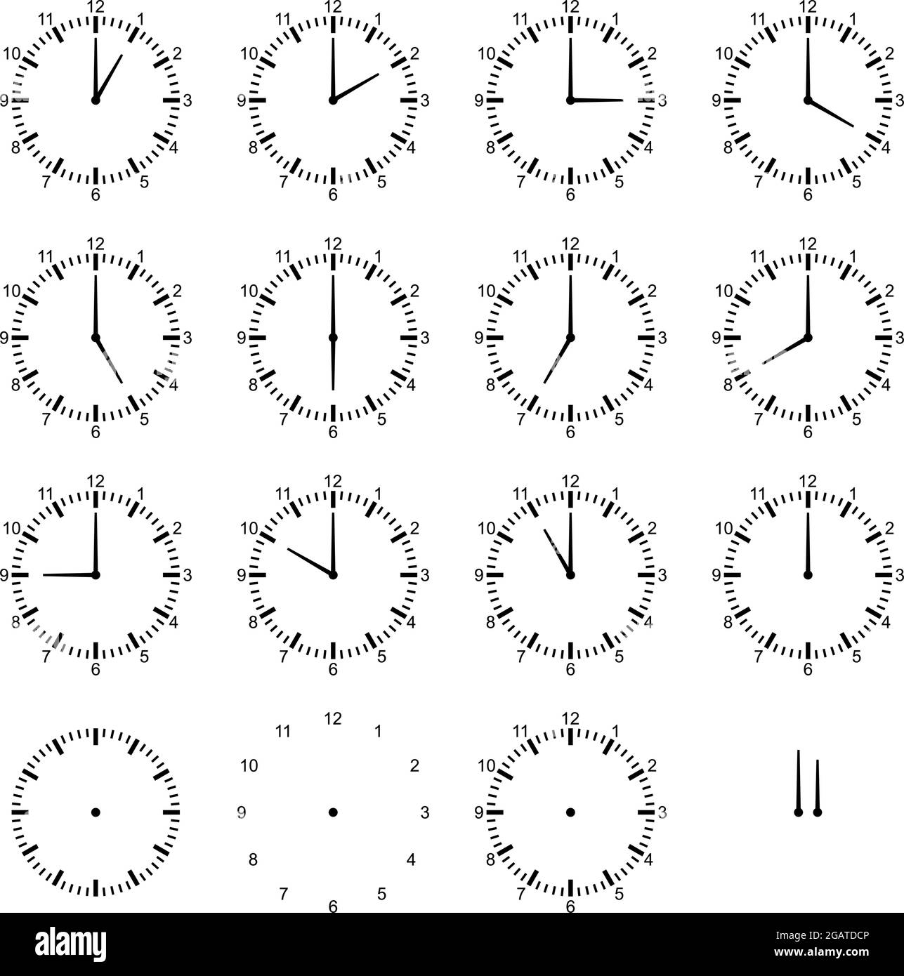 Clock or dial face with all twelve full times on isolated white background. Hour, Minute and Second pointer single for own positioning. Stock Vector
