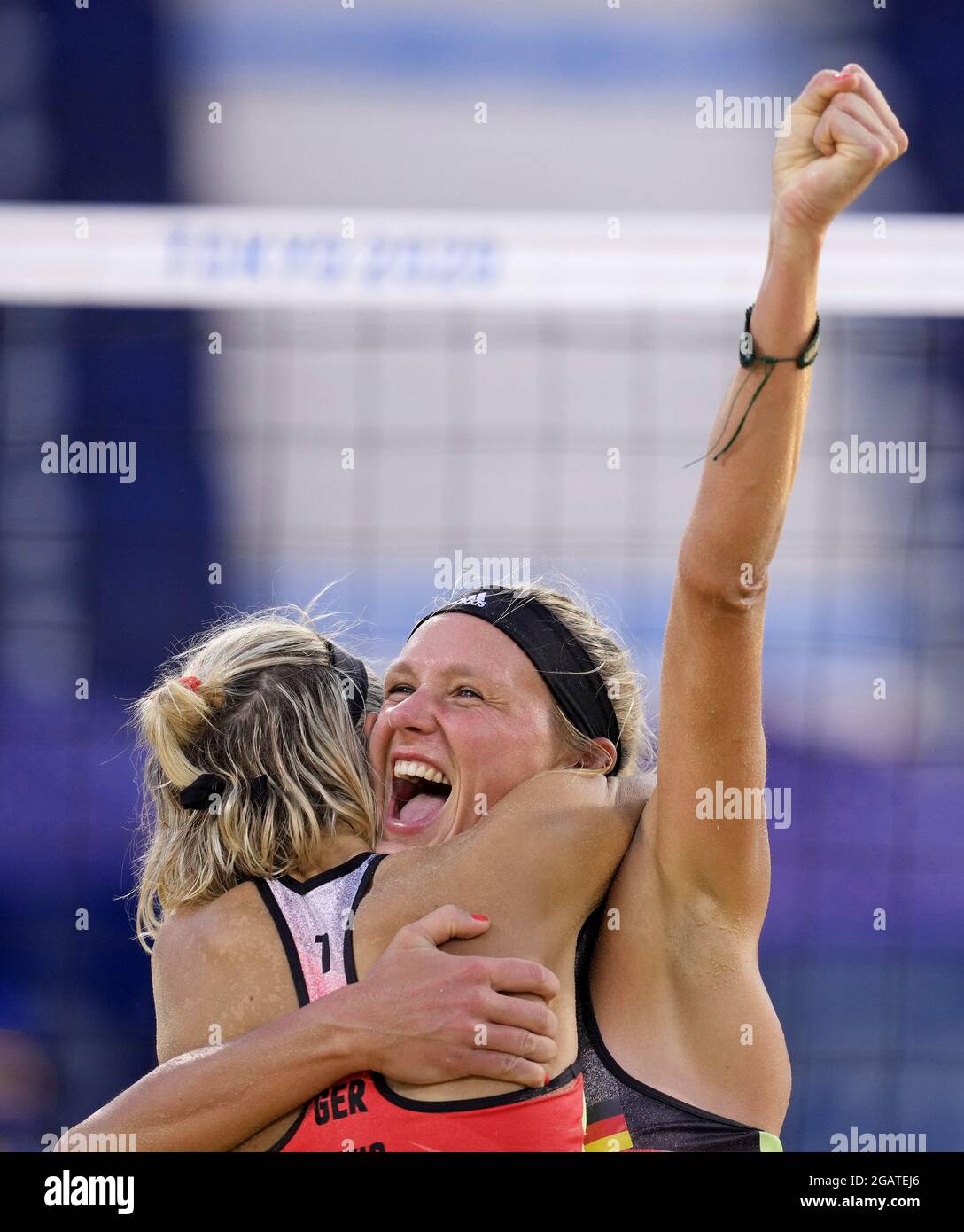 Tokyo, Japan. 1st Aug, 2021. Margareta Kozuch (R) /Laura Ludwig of Germany celebrate the victory after the women's beach volleyball round of 16 match against Agatha Bednarczuk/Eduarda Santos Lisboa of Brazil at the Tokyo 2020 Olympic Games in Tokyo, Japan, Aug. 1, 2021. Credit: Li He/Xinhua/Alamy Live News Stock Photo