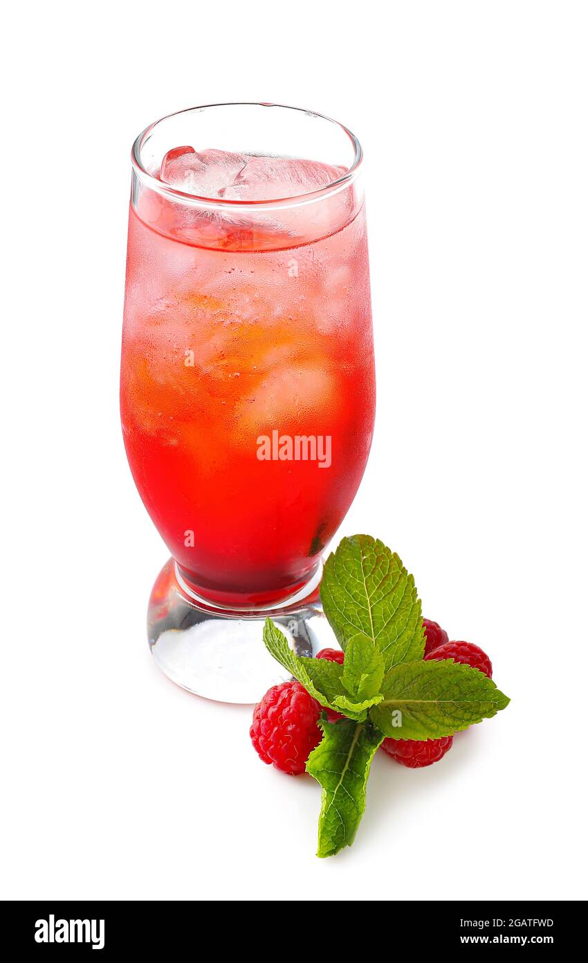 Glass with tasty raspberry lemonade on white background Stock Photo - Alamy