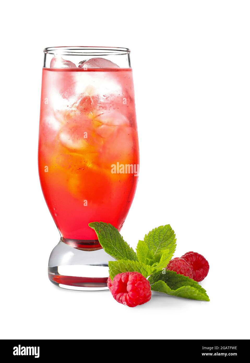 Glass with tasty raspberry lemonade on white background Stock Photo - Alamy