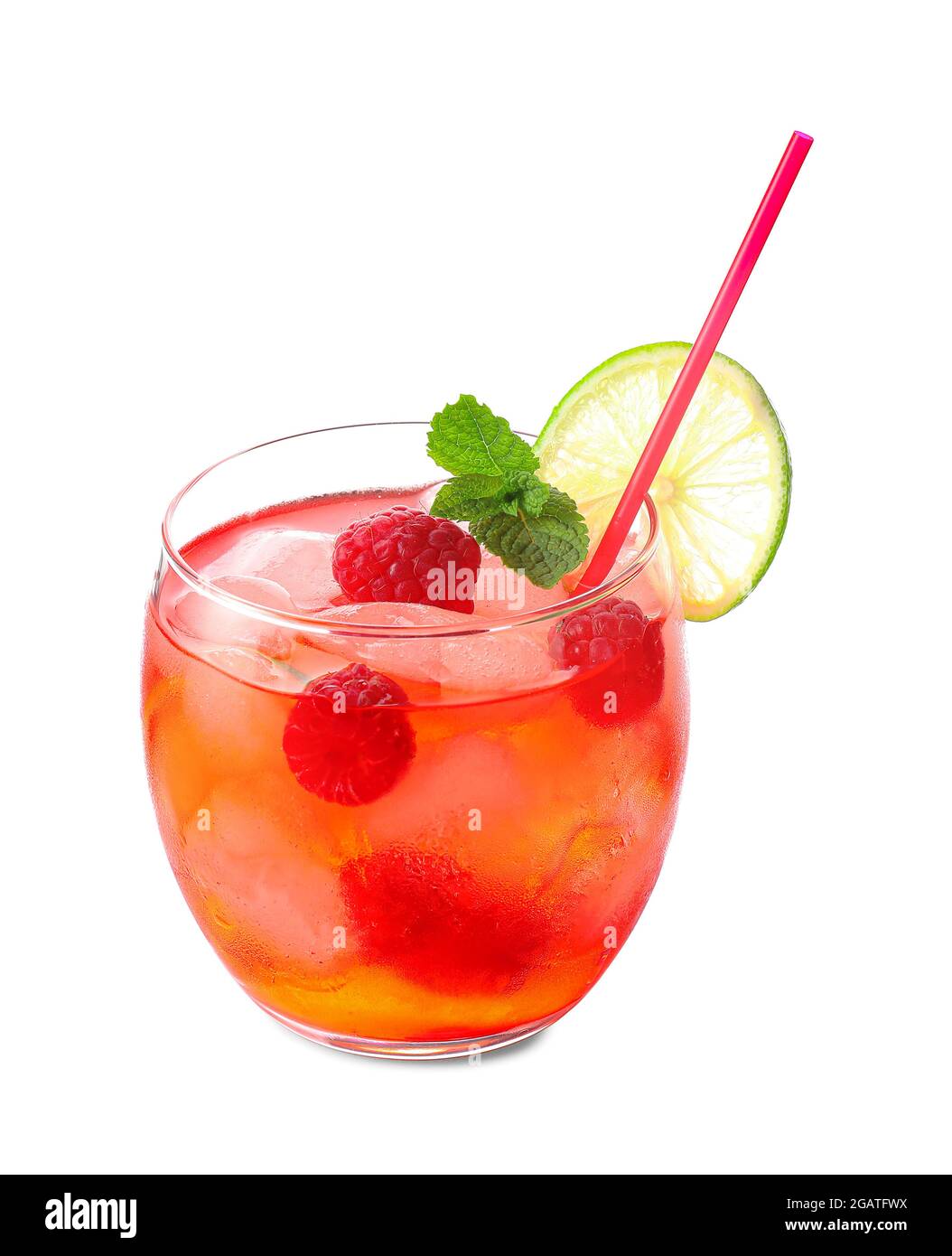 Glass with tasty raspberry lemonade on white background Stock Photo - Alamy