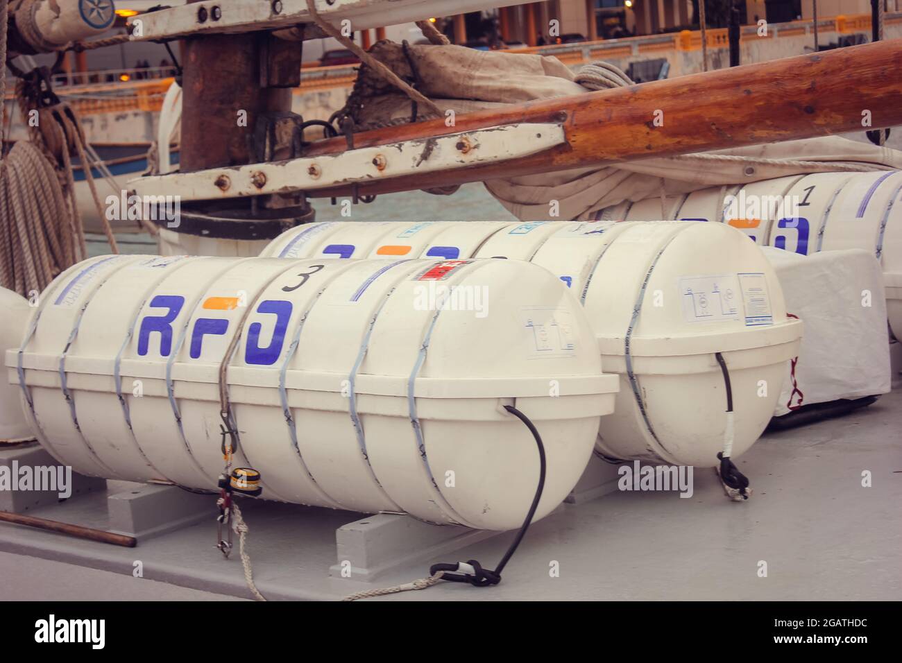 An inflatable marine liferaft on a passenger ship Stock Photo Alamy
