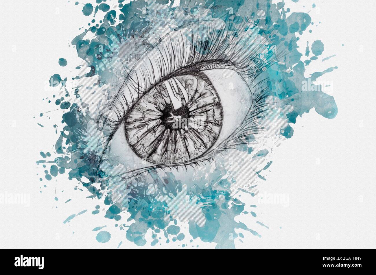 Digital watercolor painting and pencil drawing of the human eye. Pencil  drawing of a female eye and turquoise paint stains. Contemporary Art Stock  Photo - Alamy