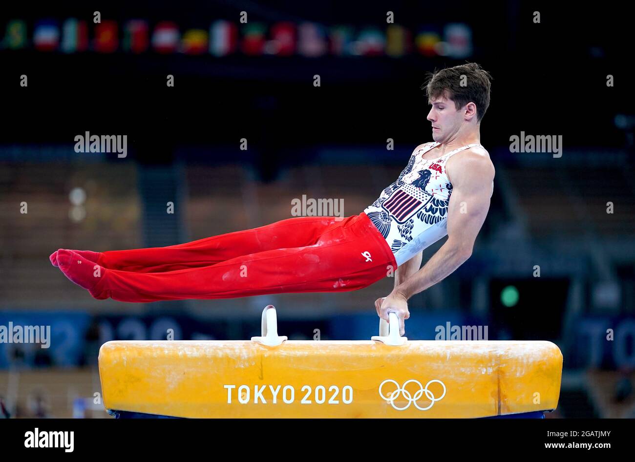 USA's Alec Yoder during the Men's Pommel Horse Final at the Ariake
