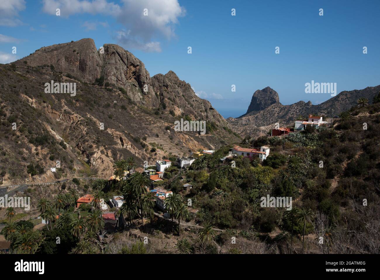 Banda de las Rosas is situated at the high end of Valle Hermoso just under the volcanic plugs of La Meseta at La Gomera in Canary Islands archipelago. Stock Photo