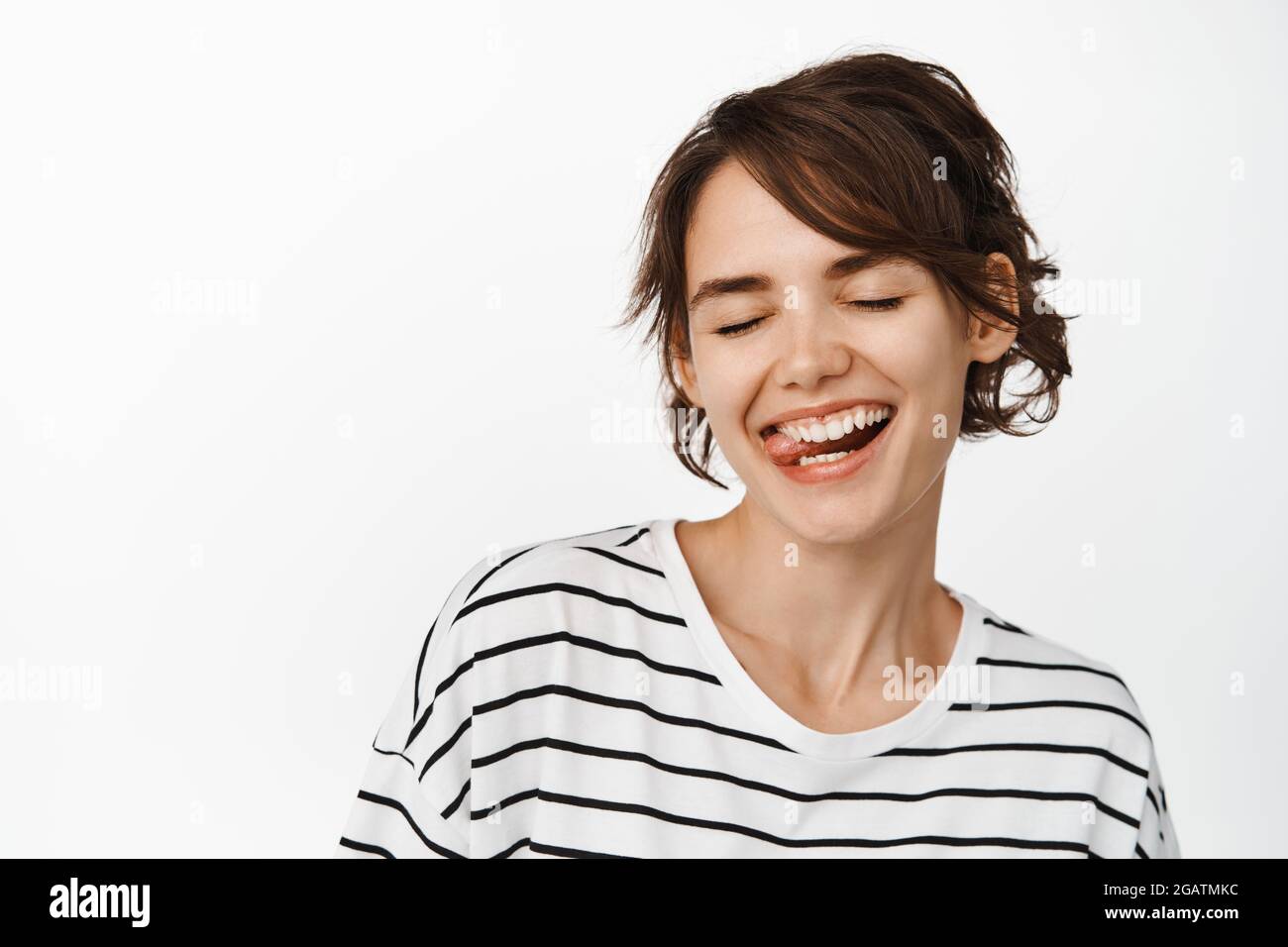 Close up portrait of beautiful carefree girl, woman laughing and ...