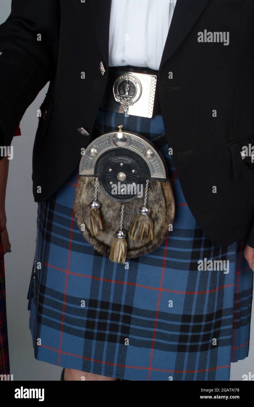 A man wears a smart traditional Scottish kilt and sporran. Waist only view Stock Photo