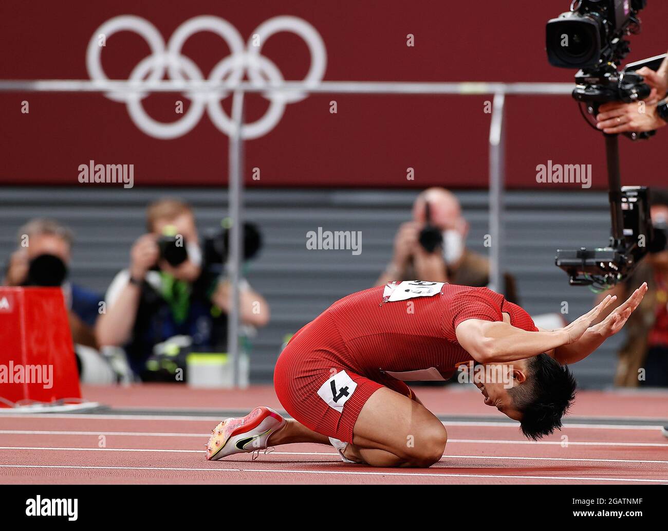Tokyo, Japan. 1st Aug, 2021. Su Bingtian of China reacts during the men's 100m semifinal at Tokyo 2020 Olympic Games, in Tokyo, Japan, Aug. 1, 2021. Credit: Wang Lili/Xinhua/Alamy Live News Stock Photo
