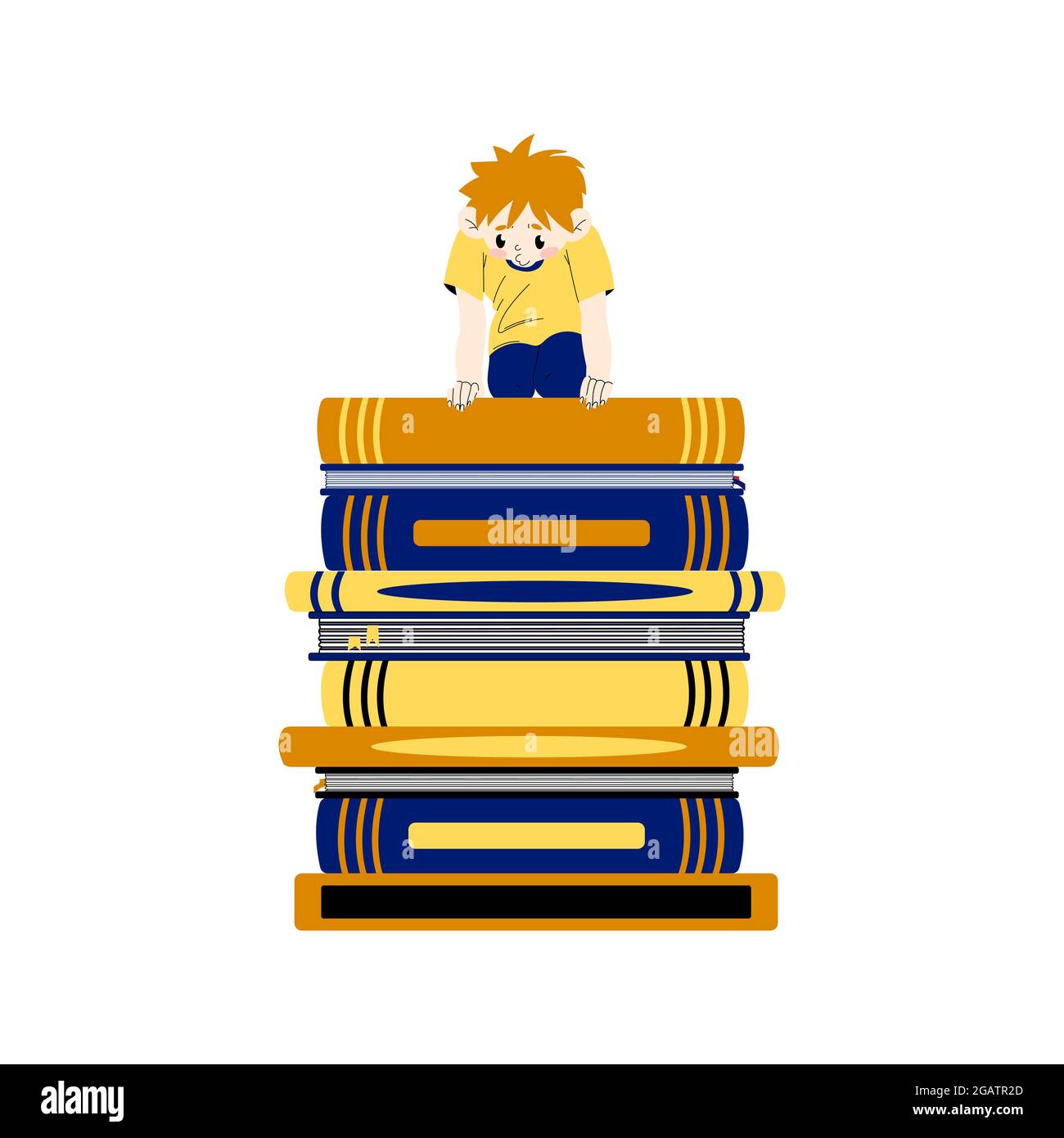 A little boy sits on a stack of books and looks down. The concept of learning difficulties. Back to school. A schoolboy conquers knowledge. Vector cli Stock Vector