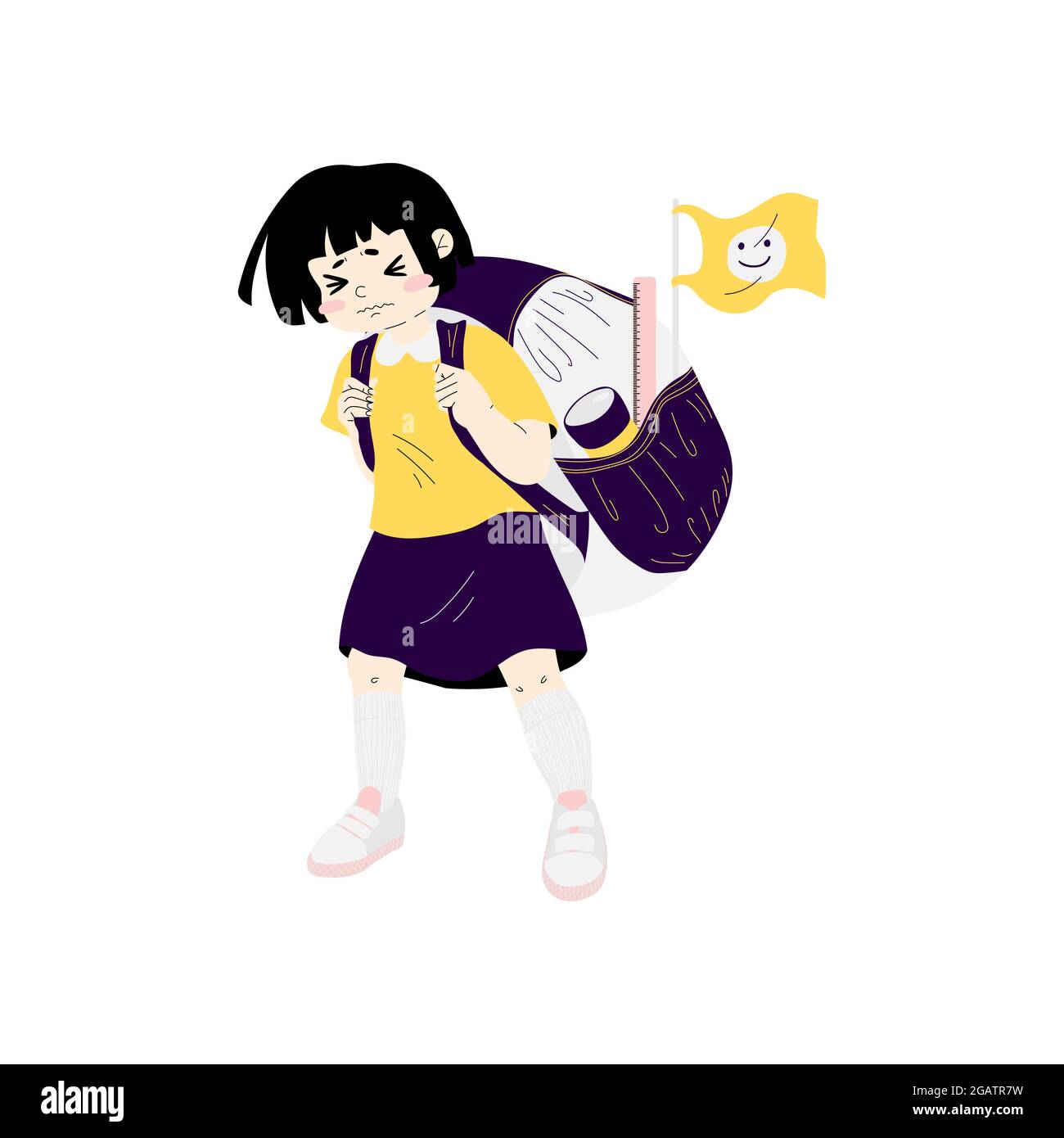 A little schoolgirl is carrying a heavy backpack. Concept Back to