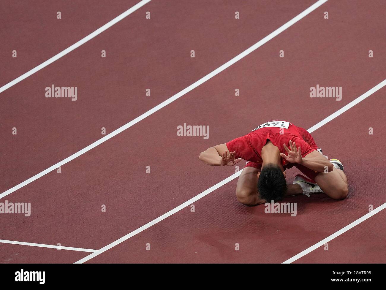 Tokyo, Japan. 1st Aug, 2021. Su Bingtian of China reacts during the men's 100m semifinal at Tokyo 2020 Olympic Games, in Tokyo, Japan, Aug. 1, 2021. Credit: Li Yibo/Xinhua/Alamy Live News Stock Photo