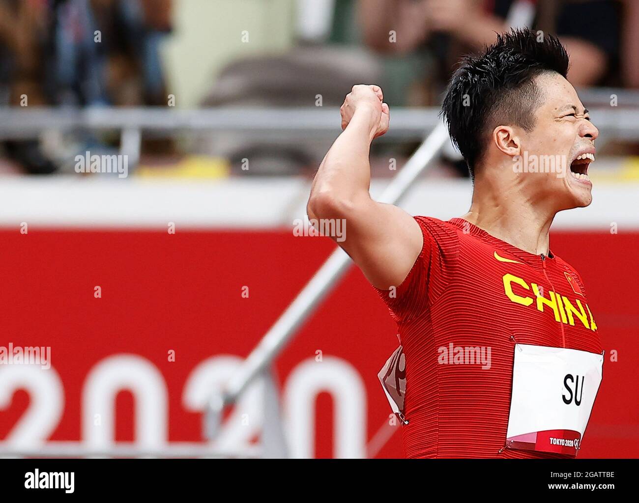 Tokyo, Japan. 1st Aug, 2021. Su Bingtian of China reacts during the men's 100m semifinal at Tokyo 2020 Olympic Games, in Tokyo, Japan, Aug. 1, 2021. Credit: Wang Lili/Xinhua/Alamy Live News Stock Photo
