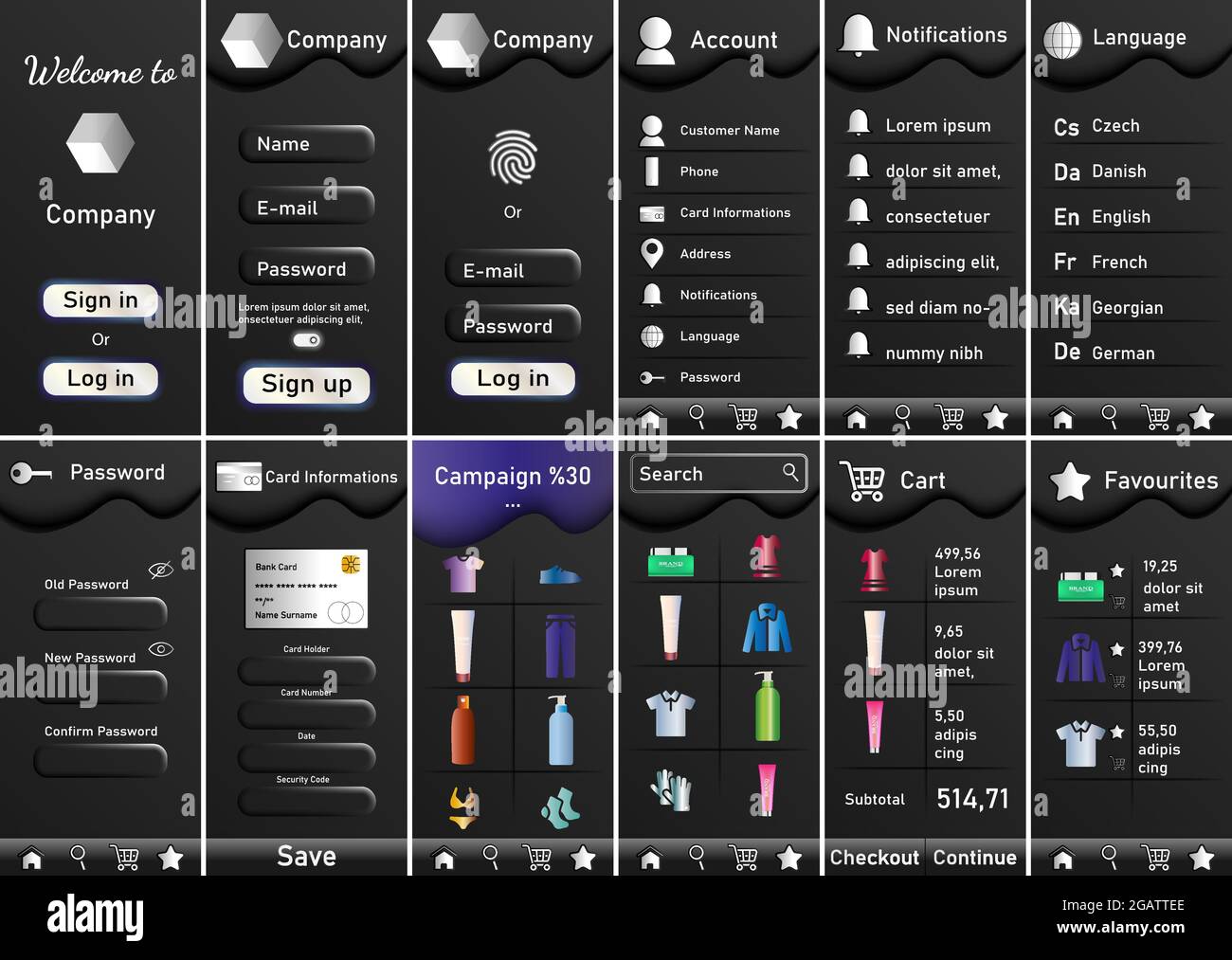 Set of black UI, UX, screens Shopping app flat design template for IOS ...