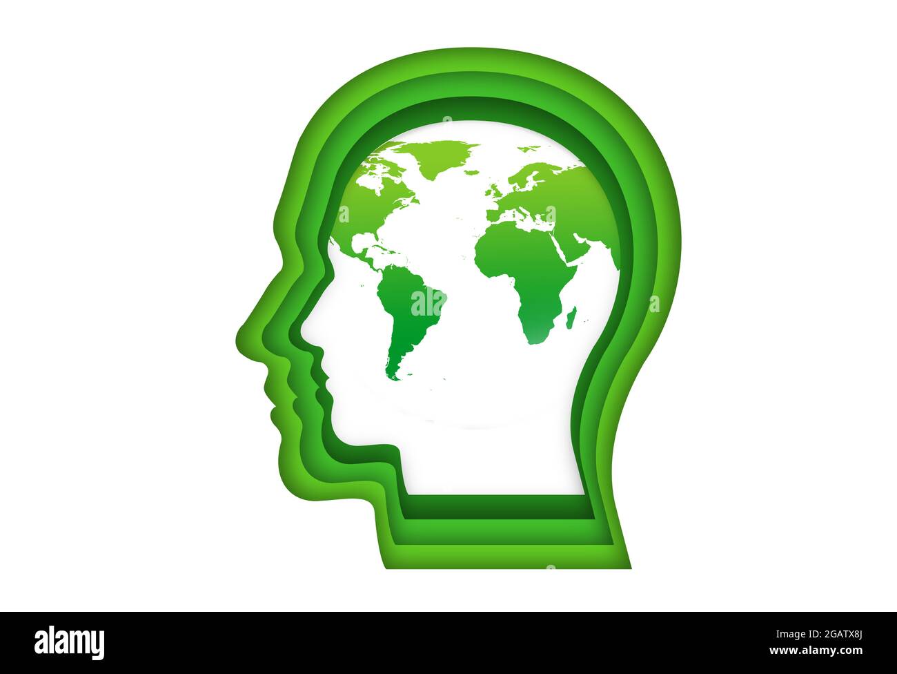Green globe in green human head. illustration. Stock Photo