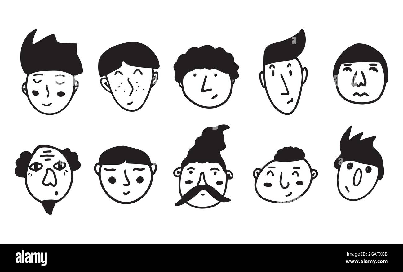 Set of doodle guy faces. Black and white vector isolated illustration logo. Serious, surprised, gloomy, happy people Stock Vector