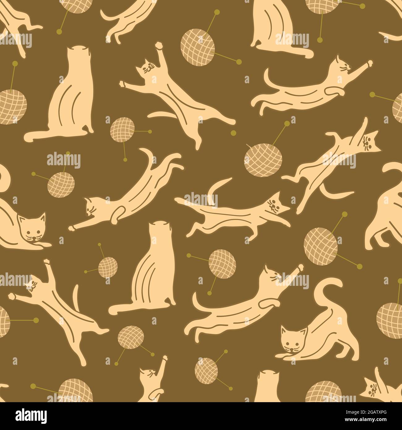 Seamless pattern with cats in different poses and yarn with knitting needles. Vector colorful illustration hand drawn. Brown background Stock Vector