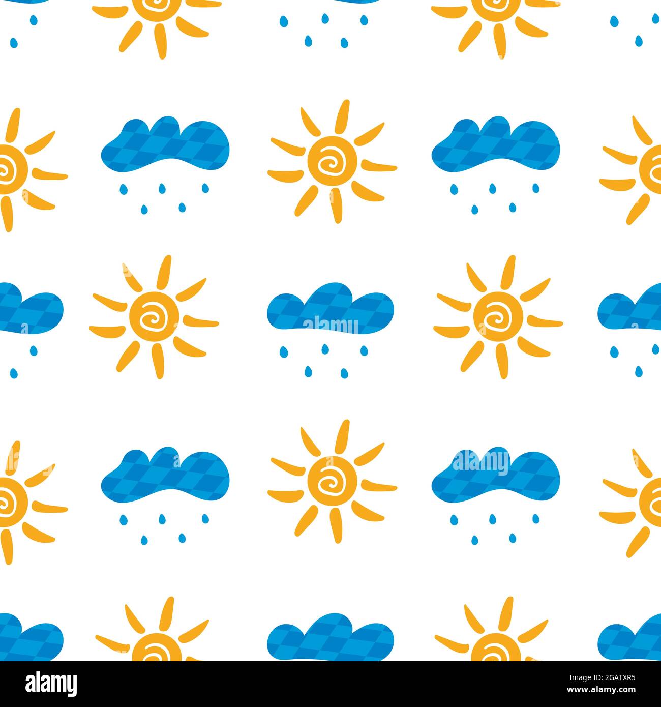 Seamless pattern with clouds with rain and sun. On white background ...