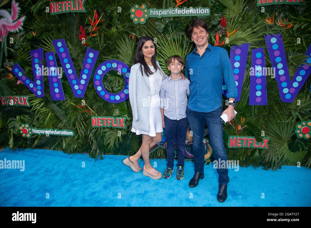 Musician Joshua Bell (R) and family attend the "VIVO" New York screening at Village East by Angelika in New York City. (Photo by Ron Adar / SOPA Images/Sipa USA) Stock Photo