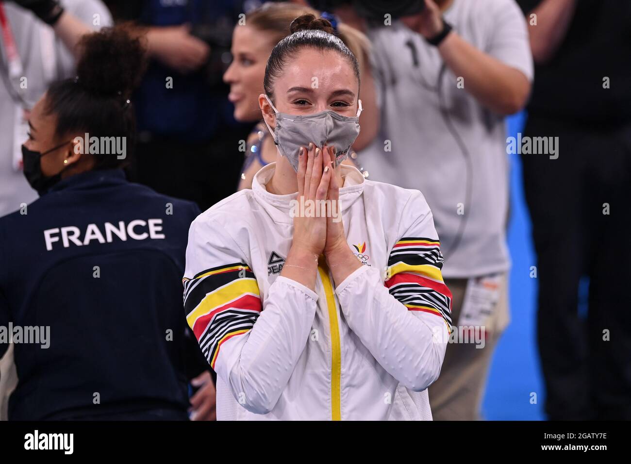 Belgian Gymnast Nina Derwael Celebrates After Winning The Individual Uneven Bars Final Event In