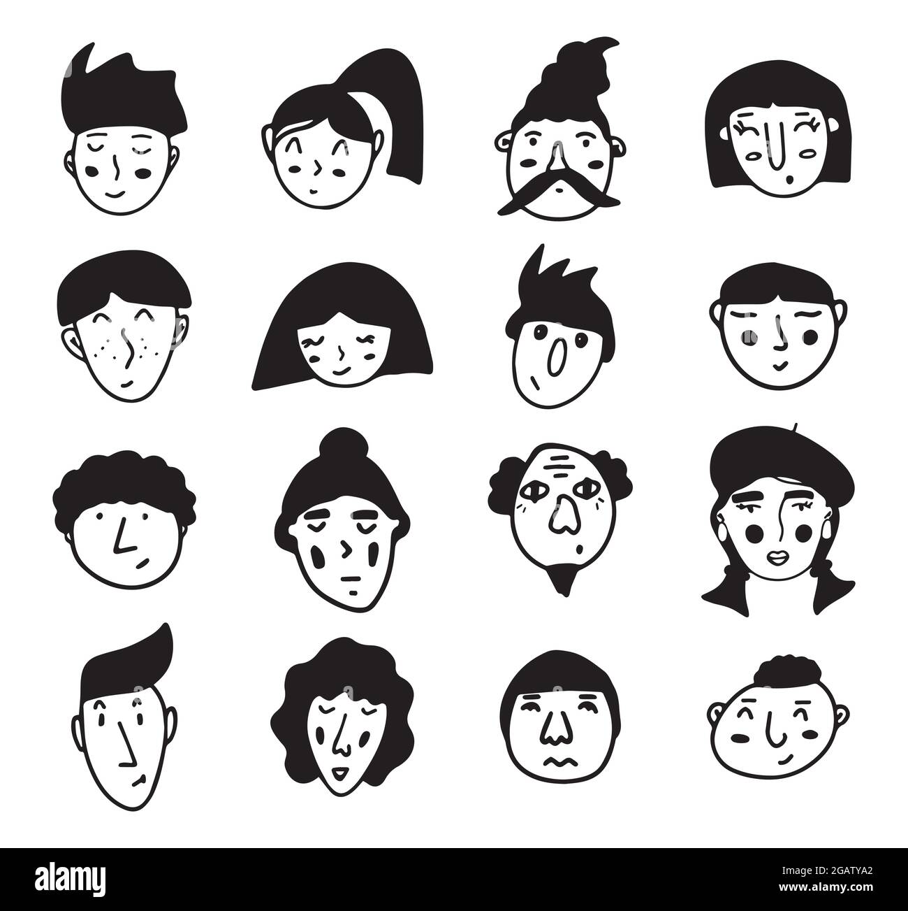 Set of doodle people faces. Black and white vector isolated illustration logo. Serious, surprised, gloomy, happy man and woman. Collection Stock Vector