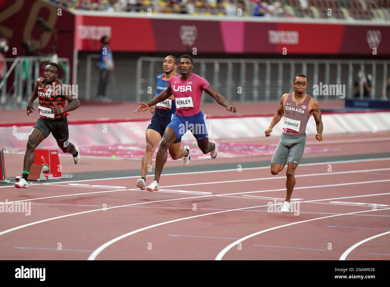 1st August 2021; Olympic Stadium, Tokyo, Japan: Tokyo 2020 Olympic summer games day 9; Mens 100 metre semi final heats; KERLEY Fred of USA wins ahead of de GRASSE Andre (CAN) and OMURWA Ferdinand Kenya and Jimmy Vicaut of France Stock Photo