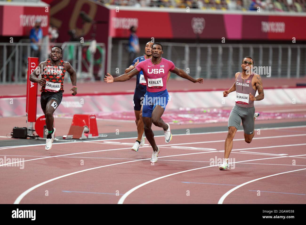 1st August 2021; Olympic Stadium, Tokyo, Japan: Tokyo 2020 Olympic summer games day 9; Mens 100 metre semi final heats; KERLEY Fred of USA wins ahead of de GRASSE Andre (CAN) and OMURWA Ferdinand Kenya and Jimmy Vicaut of France Stock Photo