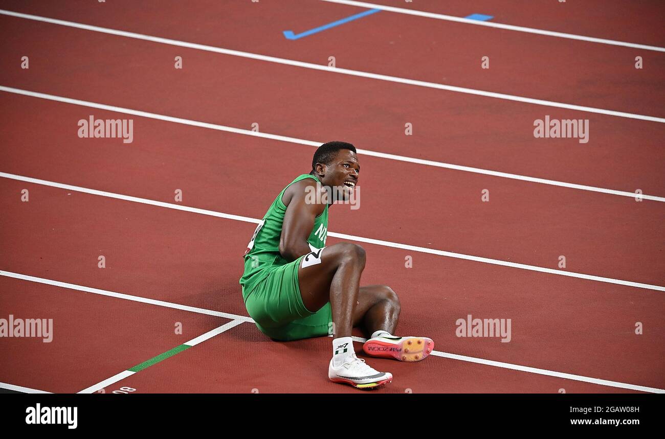 Tokyo, Japan. 1st Aug, 2021. Usheoritse Itsekiri of Nigeria reacts during the men's 100m semifinal at Tokyo 2020 Olympic Games, in Tokyo, Japan, Aug. 1, 2021. Credit: Jia Yuchen/Xinhua/Alamy Live News Stock Photo