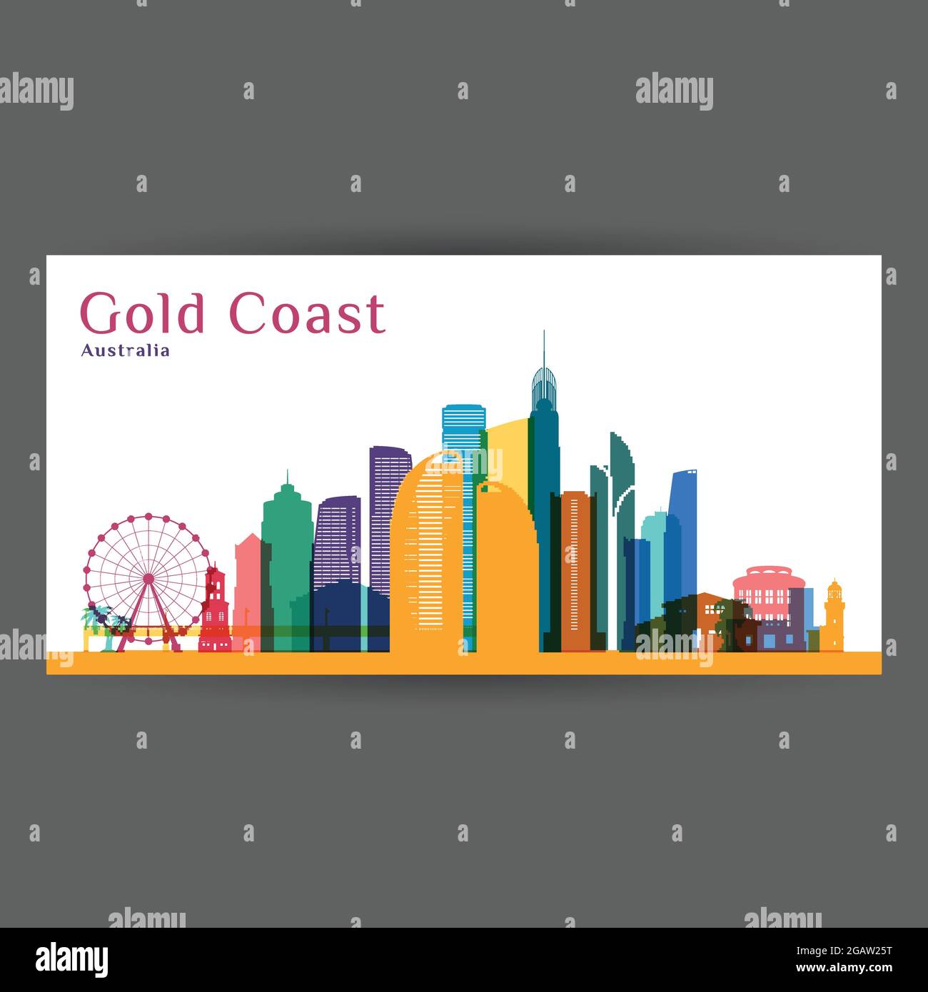 Gold Coast city architecture silhouette. Colorful skyline. City flat