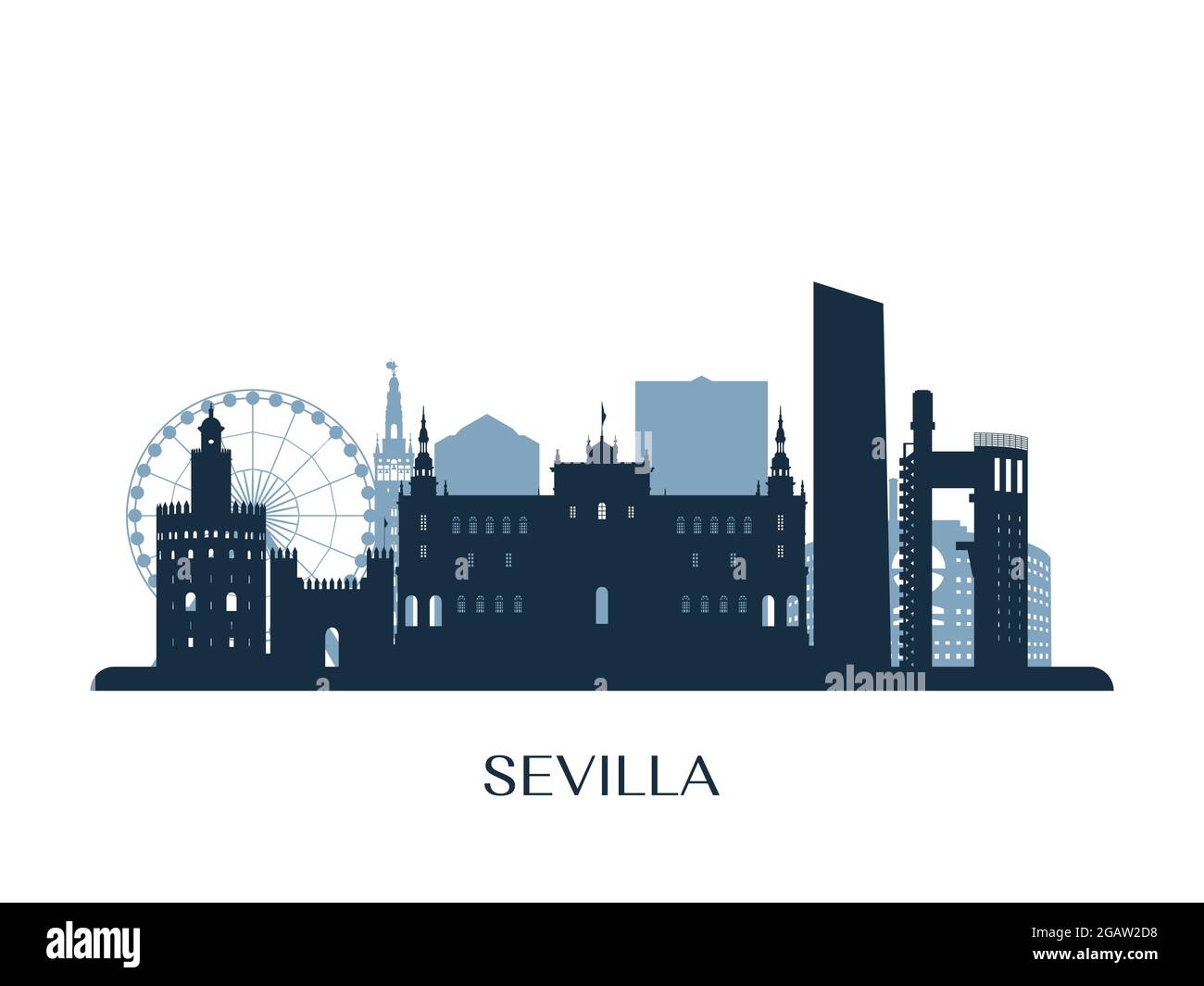Sevilla skyline, monochrome silhouette. Vector illustration. Stock Vector