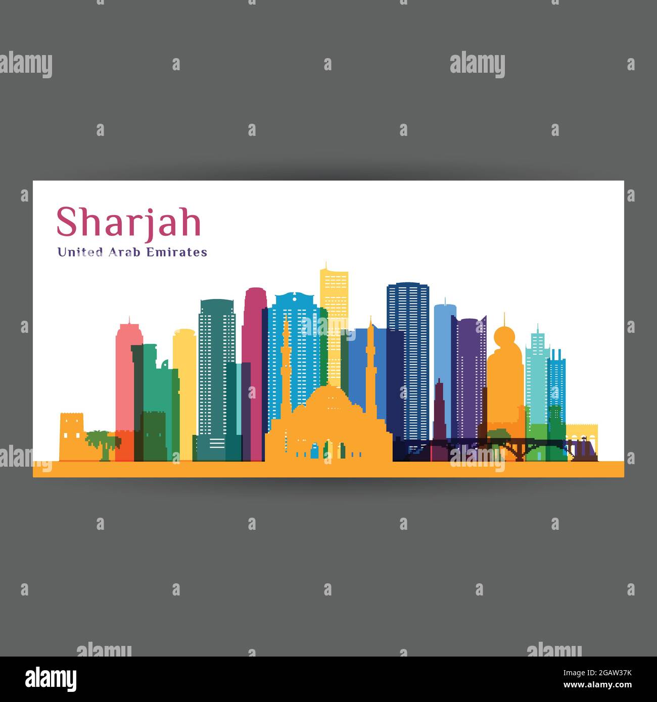 Sharjah city architecture silhouette. Colorful skyline. City flat design. Vector business card. Stock Vector