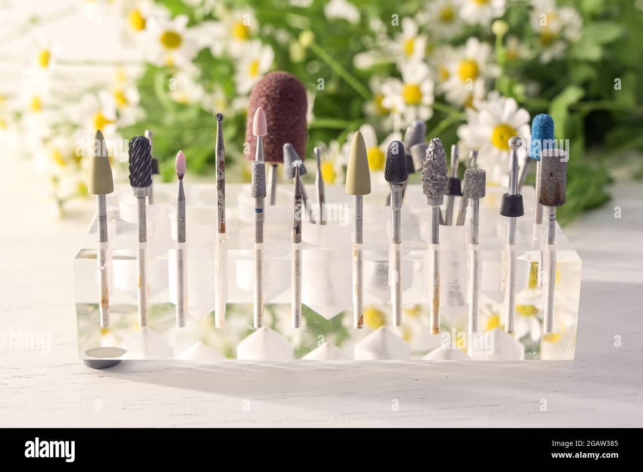 grinding and polishing attachments for cosmetic treatments such as manicure and pedicure in a transparent holder, blurry flowers in the background, se Stock Photo