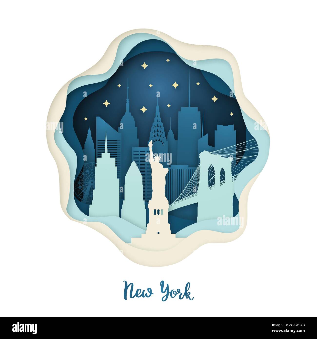 Paper art illustration of New York. Origami concept. Night city with