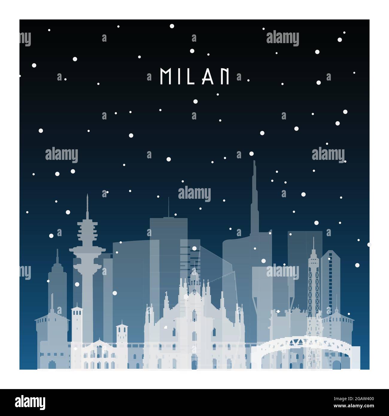Winter night in Milan. Night city in flat style for banner, poster, illustration, background. Stock Vector