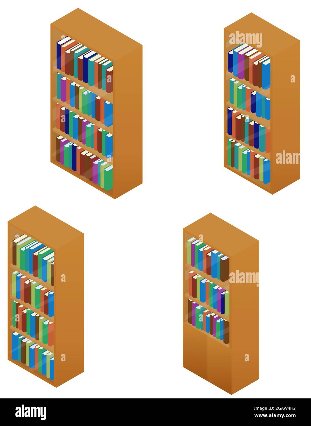 Wooden bookcase set with books isolated on white. Bookshelves for library with multicolored books. Vector isometric illustration. Stock Vector