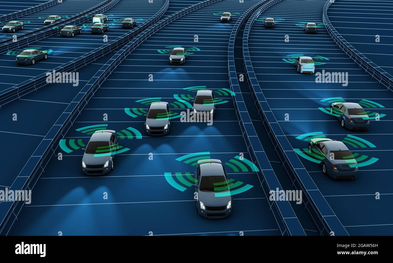 Autonomous cars on a road with visible connection, 3d Rendering Stock