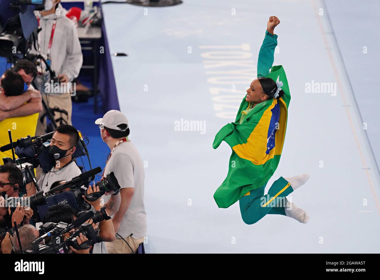Tokyo, Japan. 01st Aug, 2021. Rebeca Andrade, of Brazil, celebrates winning gold in the Vault during the women's Artistic Gymnastics Individual Apparatus final at the Ariake Gymnastics Centre at the Tokyo Olympic Games in Tokyo, Japan, on Sunday, August 1, 2021. Andrade won gold, Mykayla Skinner, of United States, silver, and Seojeong Yeo, of South Korea, the bronze. Photo by Richard Ellis/UPI Credit: UPI/Alamy Live News Stock Photo
