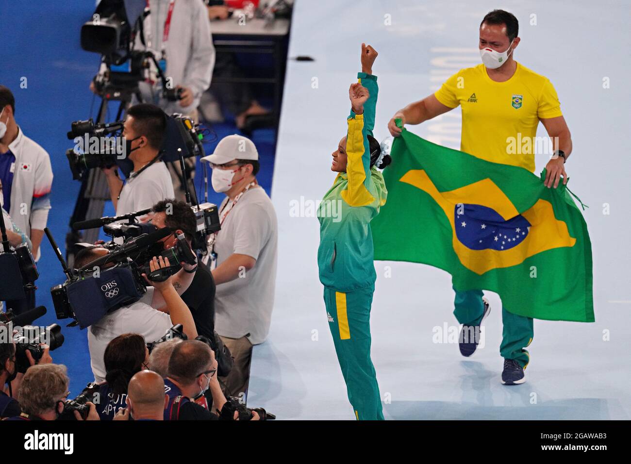 Tokyo, Japan. 01st Aug, 2021. Rebeca Andrade, of Brazil, celebrates winning gold in the Vault during the women's Artistic Gymnastics Individual Apparatus final at the Ariake Gymnastics Centre at the Tokyo Olympic Games in Tokyo, Japan, on Sunday, August 1, 2021. Andrade won gold, Mykayla Skinner, of United States, silver, and Seojeong Yeo, of South Korea, the bronze. Photo by Richard Ellis/UPI Credit: UPI/Alamy Live News Stock Photo