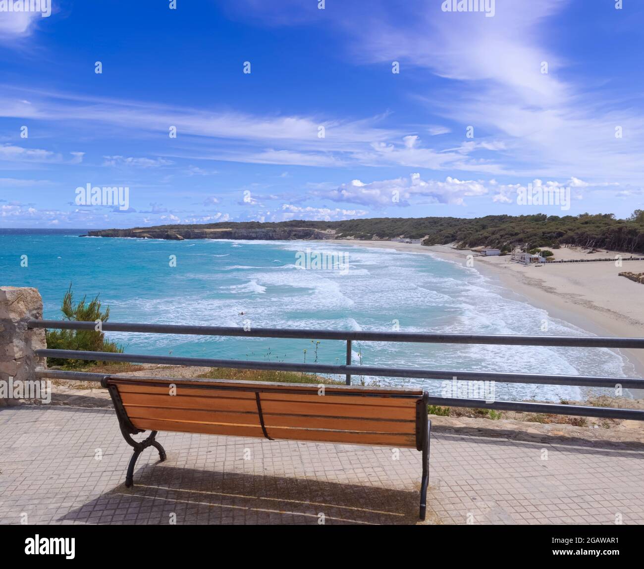 The most beautiful coast of Apulia in Italy: Torre Dell'Orso Bay.Typical seascape of Salento: view of the wide sandy beach of fine silver, the dune. Stock Photo