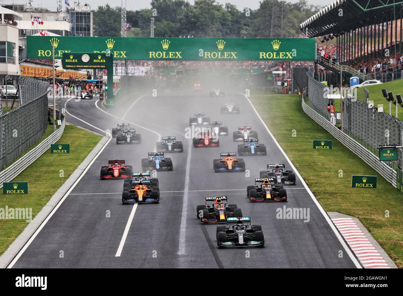Budapest, Hungary. 01st Aug, 2021. Lewis Hamilton (GBR) Mercedes AMG F1 W12 leads at the start of the race. Hungarian Grand Prix, Sunday 1st August 2021