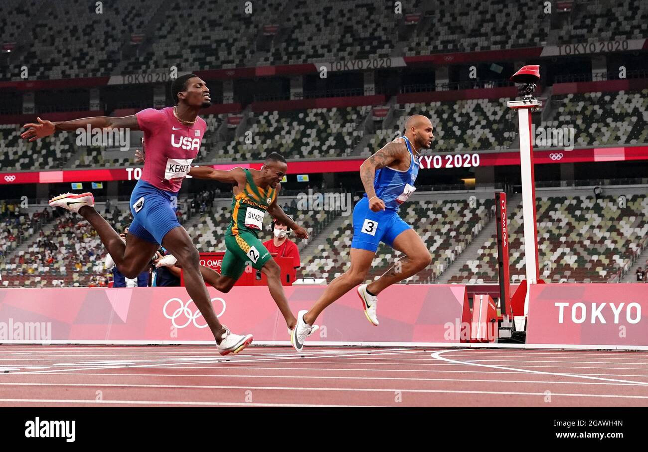 Italy's Lamont Jacobs (right) wins the Men's 100 metres at the Olympic Stadium on the ninth day of the Tokyo 2020 Olympic Games in Japan. Picture date: Sunday August 1, 2021. Stock Photo