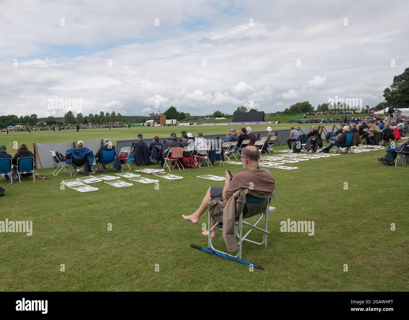 John Fretwell Sporting Complex, Mansfield, Nottinghamshire, UK. 1st August 2021. Spectators look on during the Royal London One-Day Cup with Group B Nottinghamshire Outlaws take on Leicestershire Foxes at the John Fretwell Sporting Complex Credit: Alan Beastall/Alamy Live News. Stock Photo