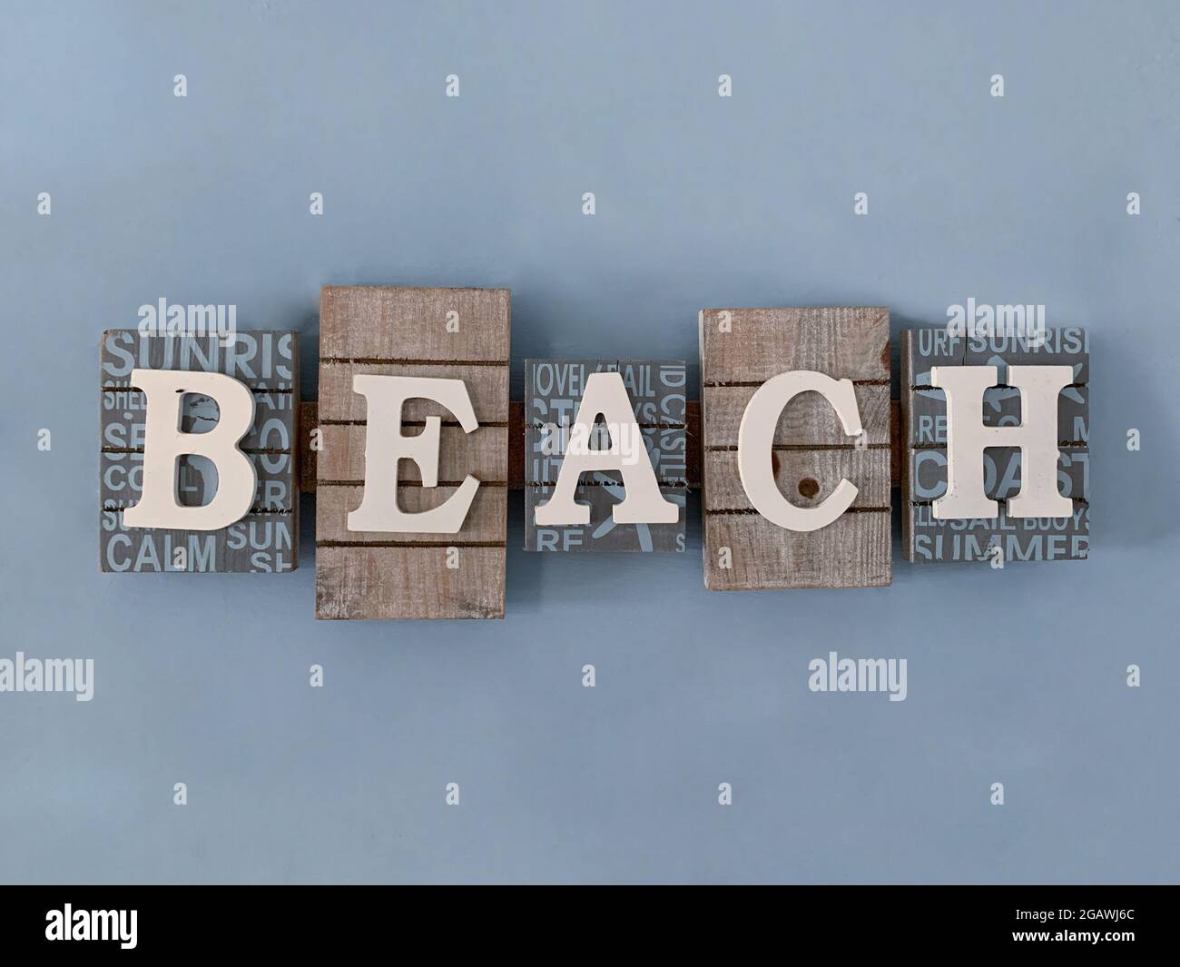 The word 'Beach' written in vintage wooden letterpress type - Art made of wood Stock Photo